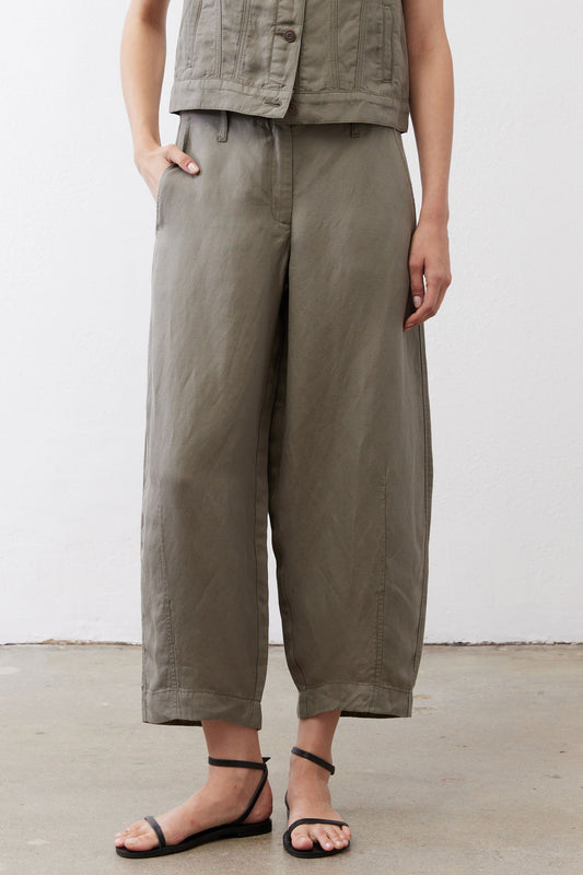 Petite wide-leg ankle pants in muted olive, cropped front view with ankle cuff and pockets