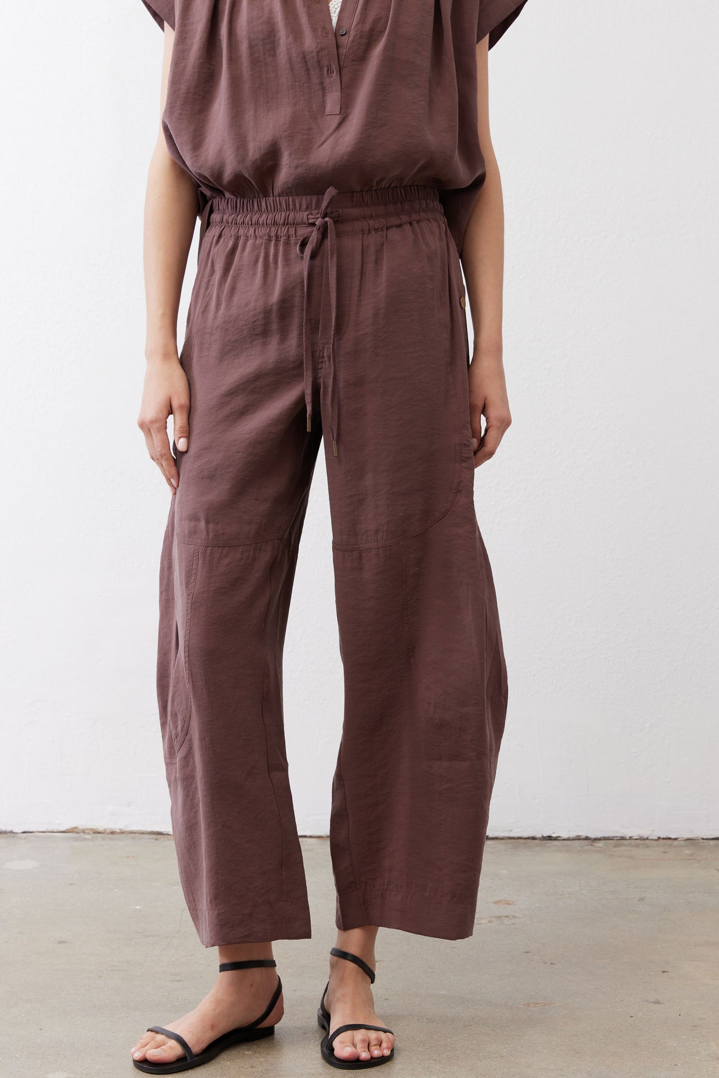 Chicory coffee baggy utility pants, elastic waist and straight cropped legs
