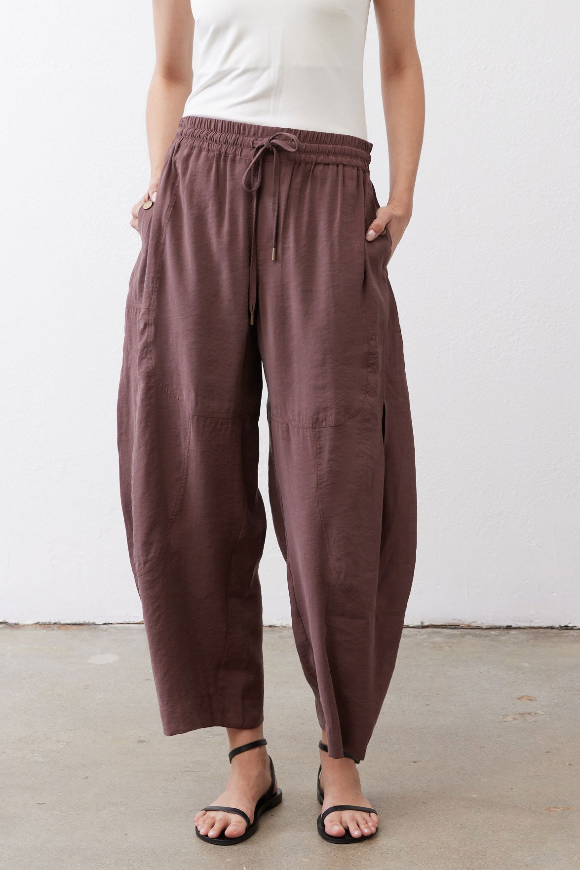 Chicory coffee utility pants with gathered elastic waist and drawstring tie