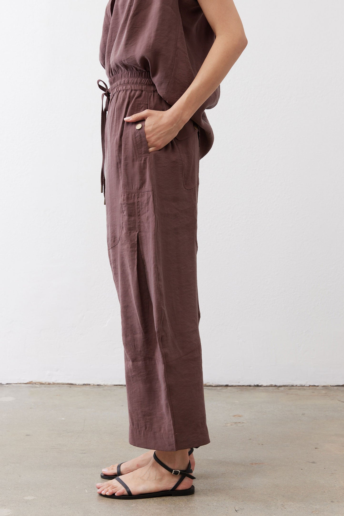 Chicory coffee utility pants with drawstring waist and side patch pocket