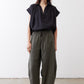Utility pants, dark olive, elastic drawstring waist and wide cropped legs, front view
