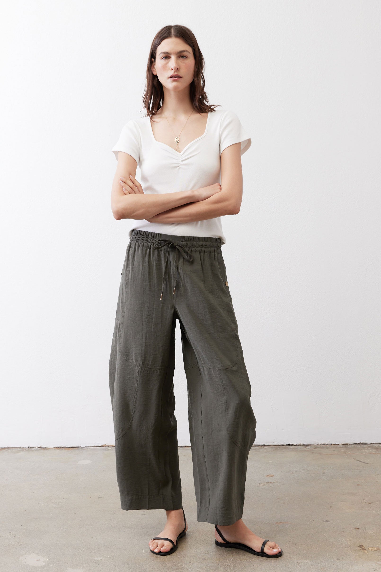 Wide-leg utility pants, dark olive, elastic drawstring waist and straight roomy legs
