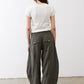 Wide-leg pants, dark olive, elastic drawstring waist and side pockets, back view