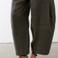 Wide-leg utility pants, dark olive, ankle-width cuffs and gathered elastic waist