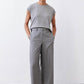 Pebble melange gray wide-leg trousers with belt, roomy straight-leg silhouette