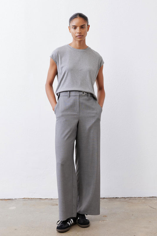 Pebble melange gray wide-leg trousers with belt, roomy straight-leg silhouette