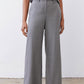 Belted pebble melange gray wide-leg trousers with fly front and pressed creases