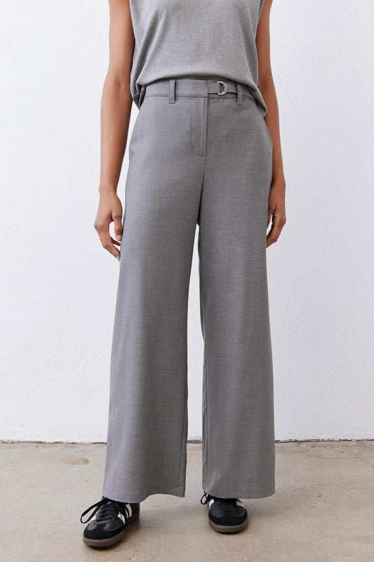 Belted pebble melange gray wide-leg trousers with fly front and pressed creases