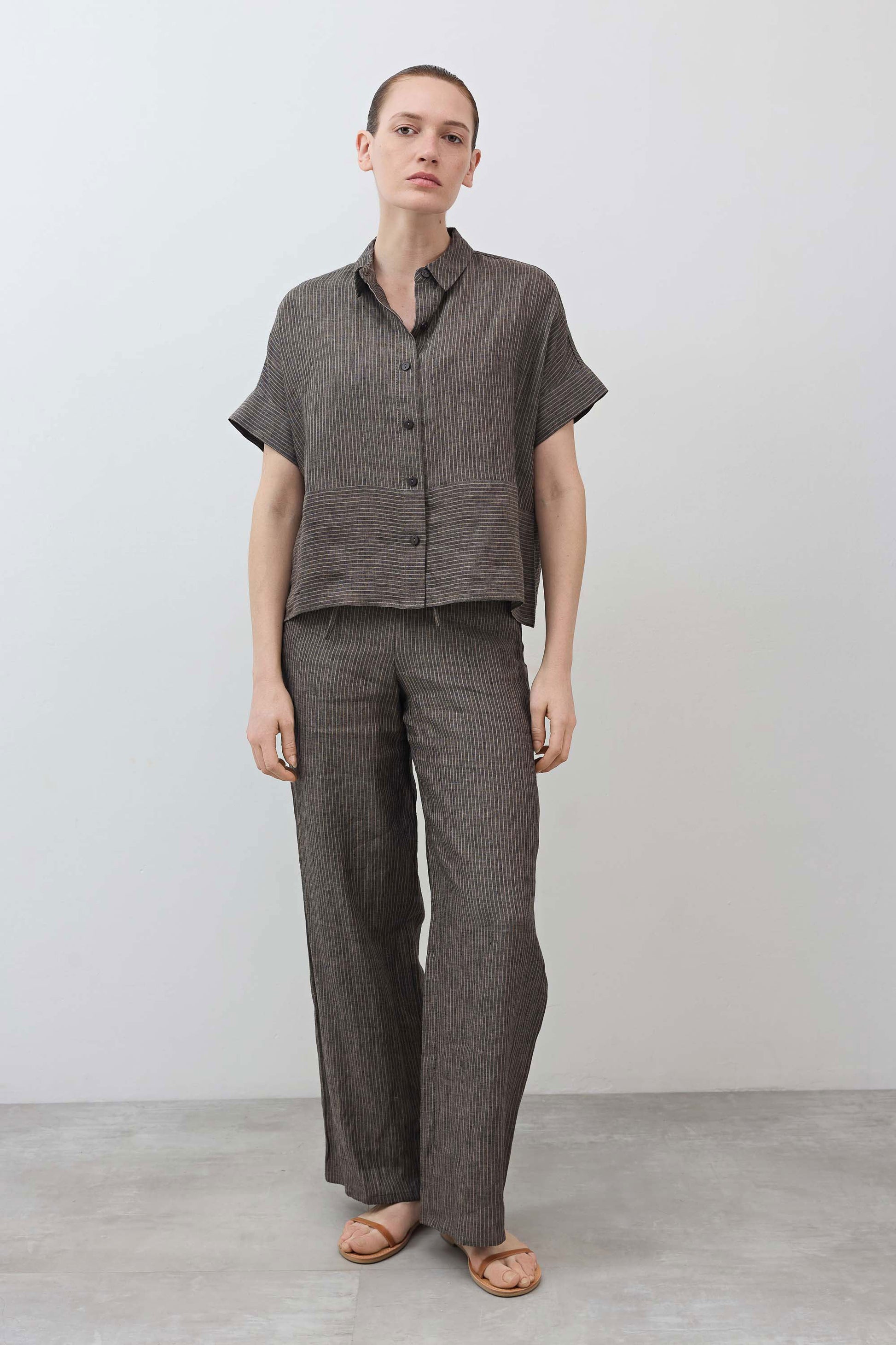 Charcoal striped linen wide-leg pants with drawstring elastic waist