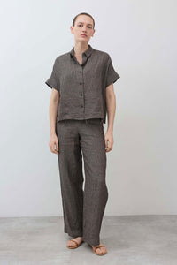 Charcoal striped wide-leg linen pants with drawstring waist, ankle length