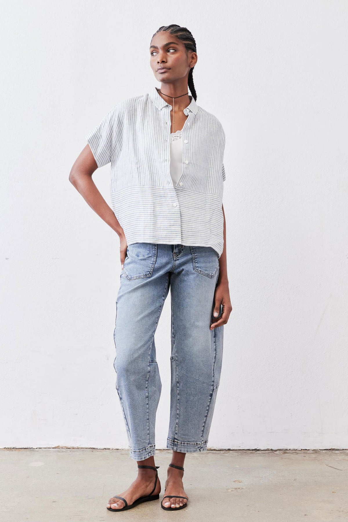 Boxy cropped linen blouse, white and blue stripe, short-sleeve button front