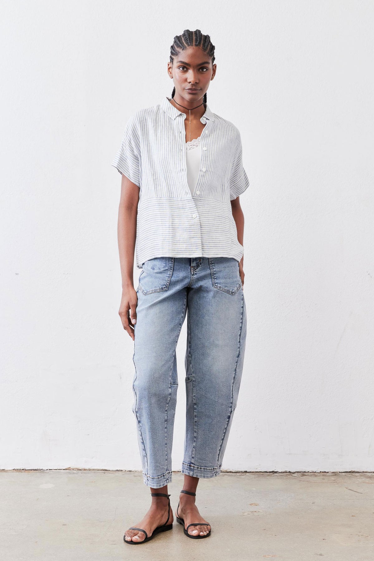 Boxy cropped linen blouse, white with blue stripe, button front and short sleeves