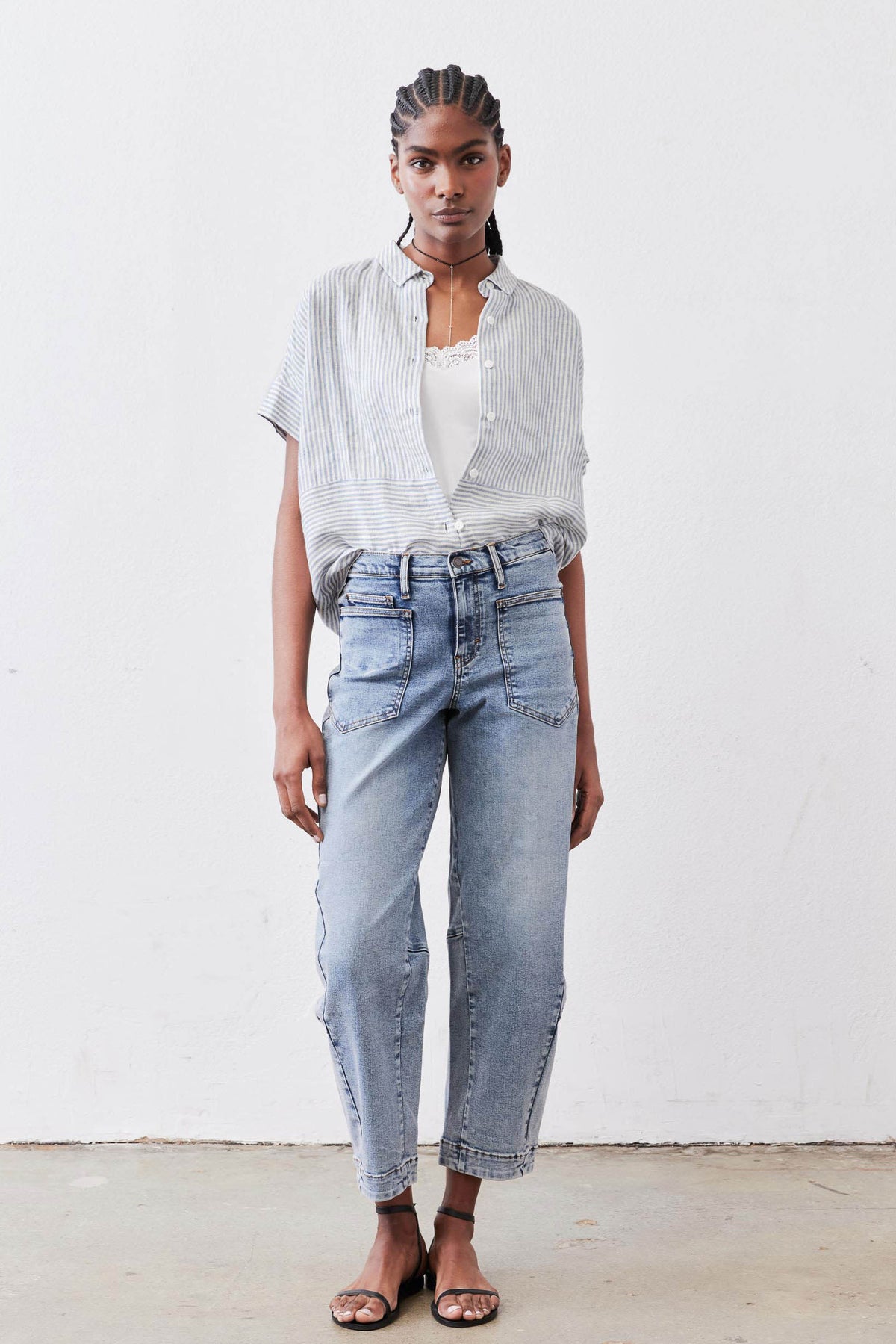 Boxy cropped linen blouse in white with blue stripes, button-up front, short sleeves