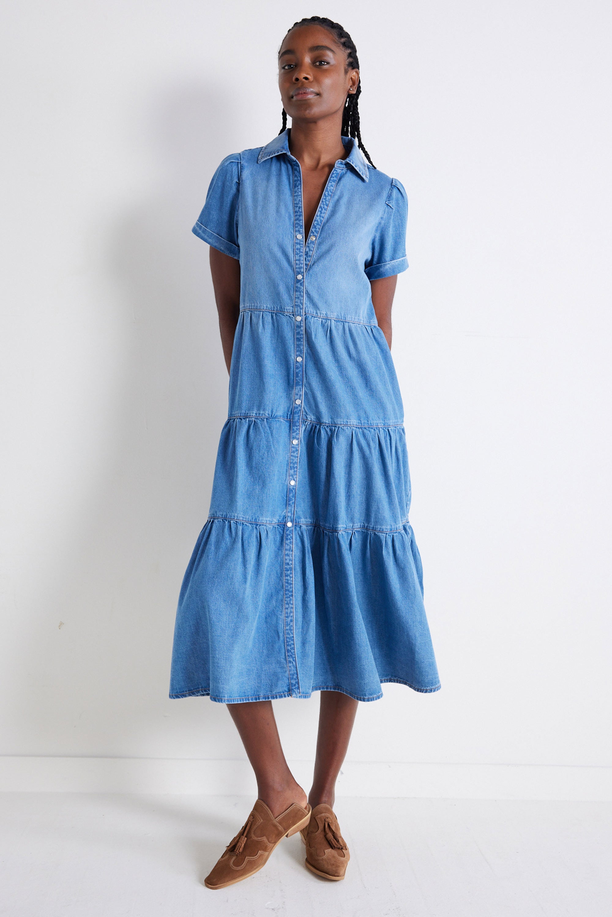 ワンピース Riu Tulle docking denim dress Tulle docking ribbon dress – Riu