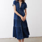 Medium-wash denim midi dress with short sleeves, button front, and tiered skirt