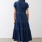Medium-wash denim midi dress, tiered back with short sleeves
