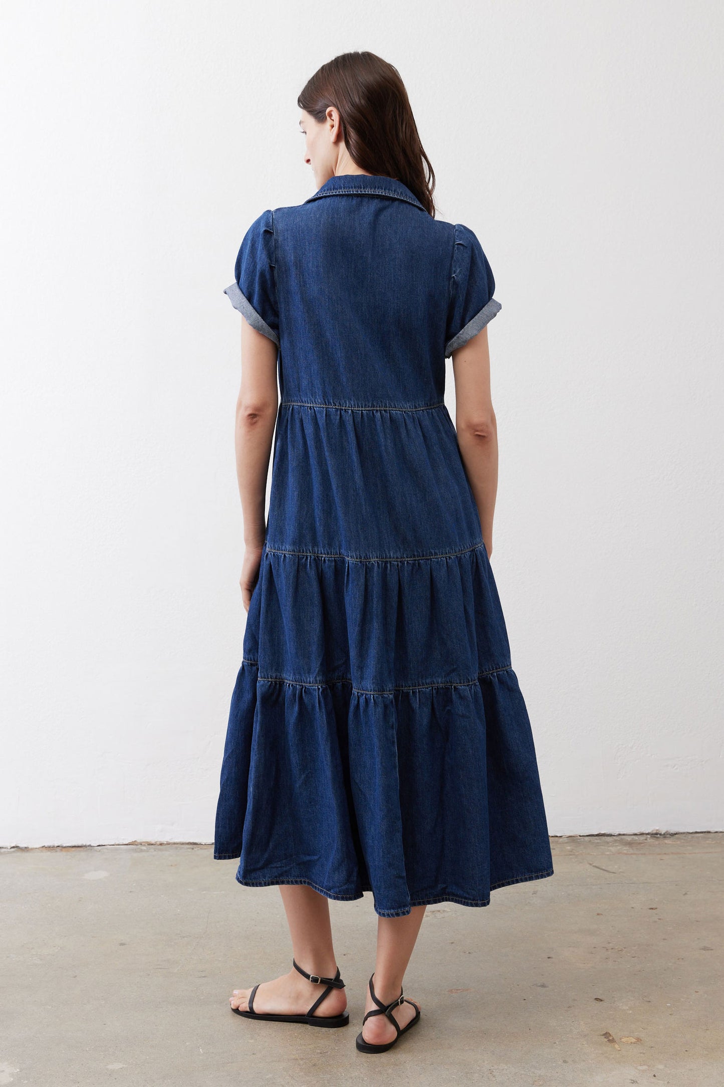 Medium-wash denim midi dress, tiered back with short sleeves