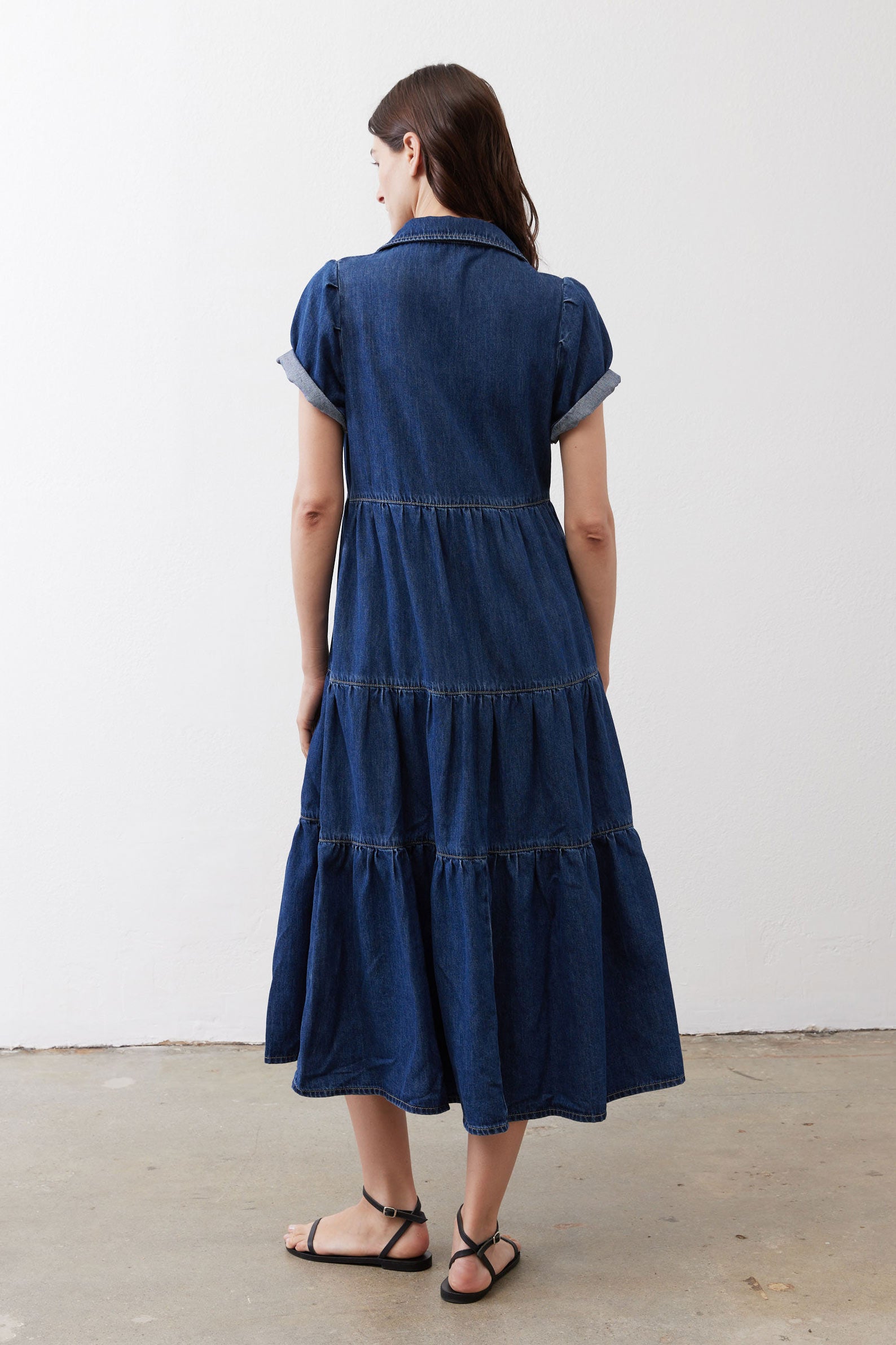 Medium-wash denim midi dress, tiered back with short sleeves