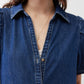 Denim midi dress close-up: collared button front with V neckline