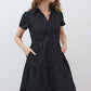 Black long poplin dress, V-neck and short sleeves with tiered button front