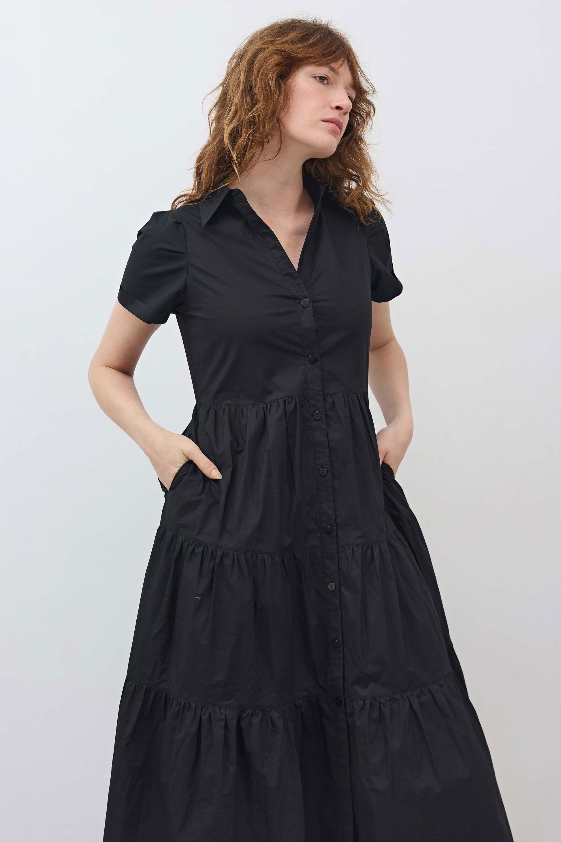 black button front dress Breaking Free Long Poplin Dress