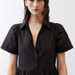 Black short-sleeve button-front dress with tiered skirt and gathered waist