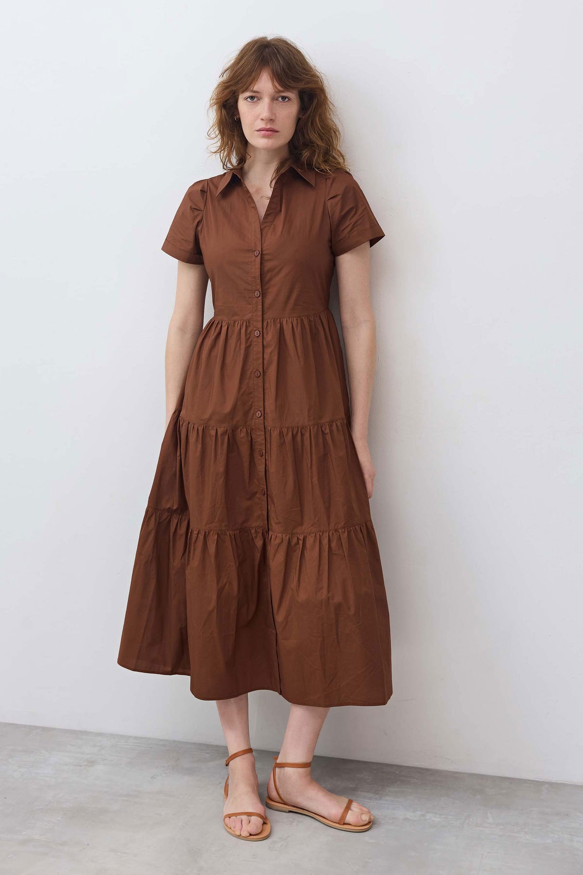 Long copper poplin button-front dress with collar, short sleeves and tiered skirt