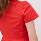 Hot coral poplin dress close-up of collar and short sleeve with tiered waist detail