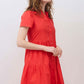 Hot coral poplin dress front view with short sleeves and tiered skirt