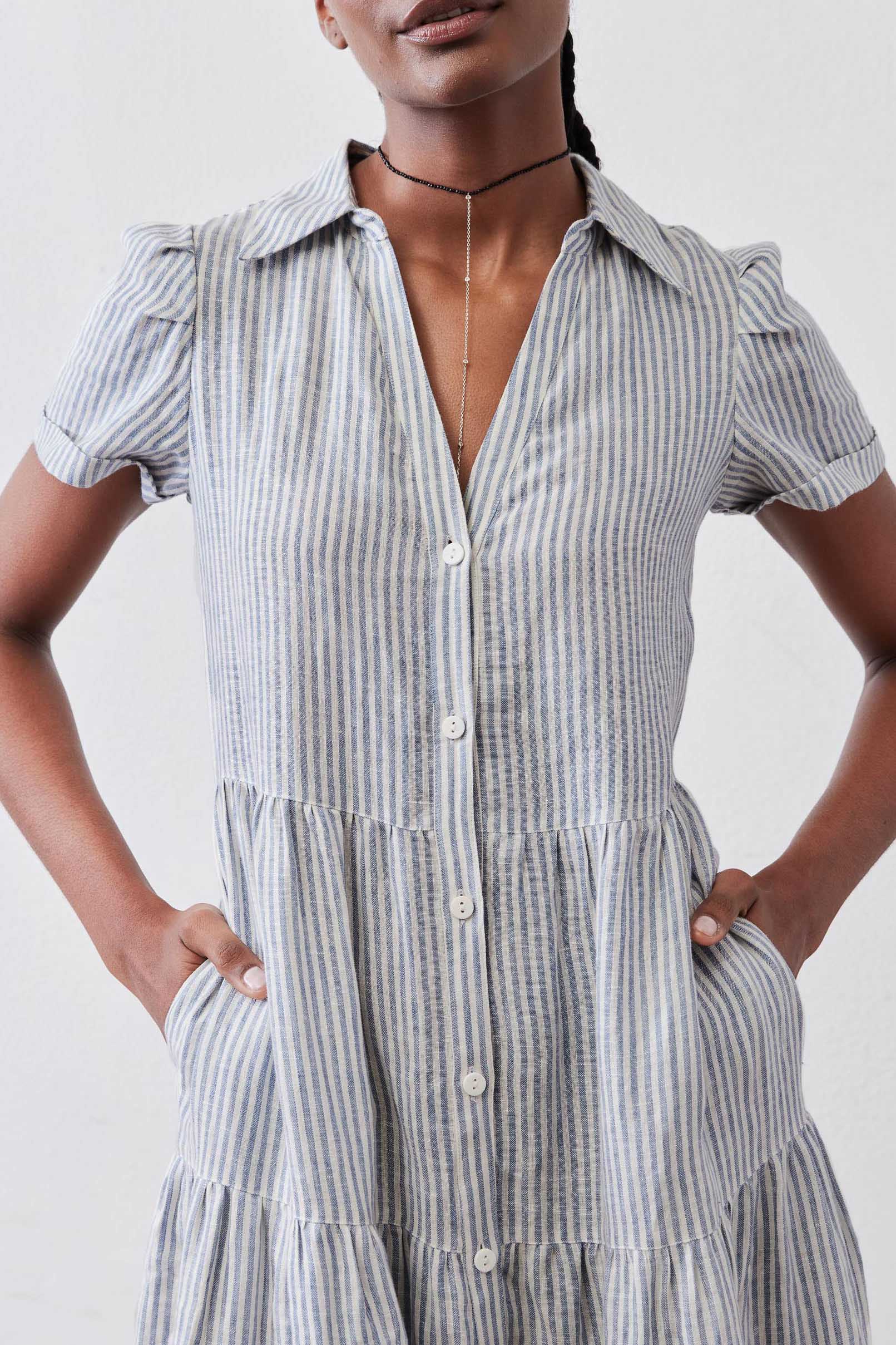Breaking Free Long Linen Dress White Blue Stripe / M Breaking Free Long Linen Dress White Blue Stripe / M