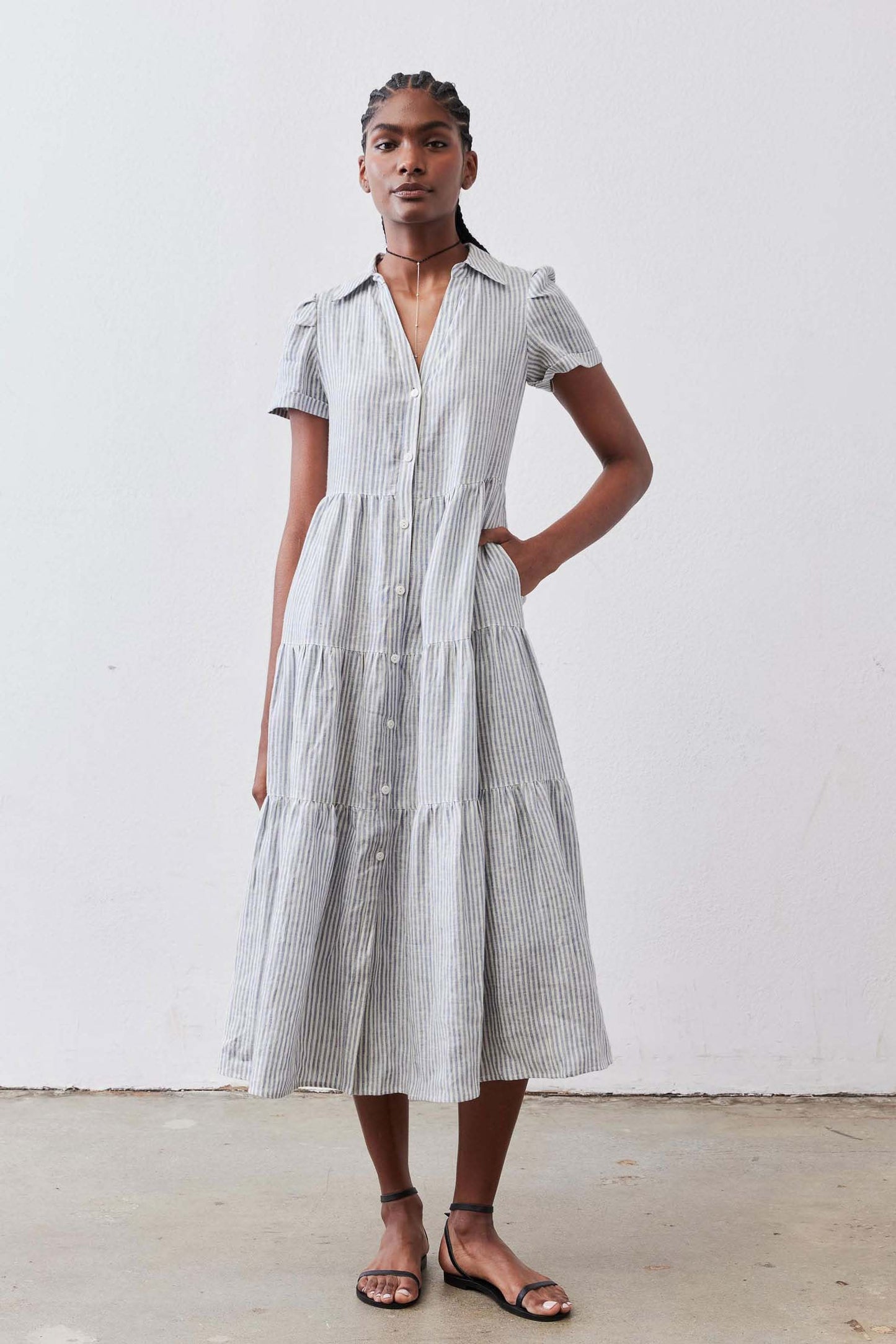 striped linen dress Breaking Free Long Linen Dress White Blue Stripe / M