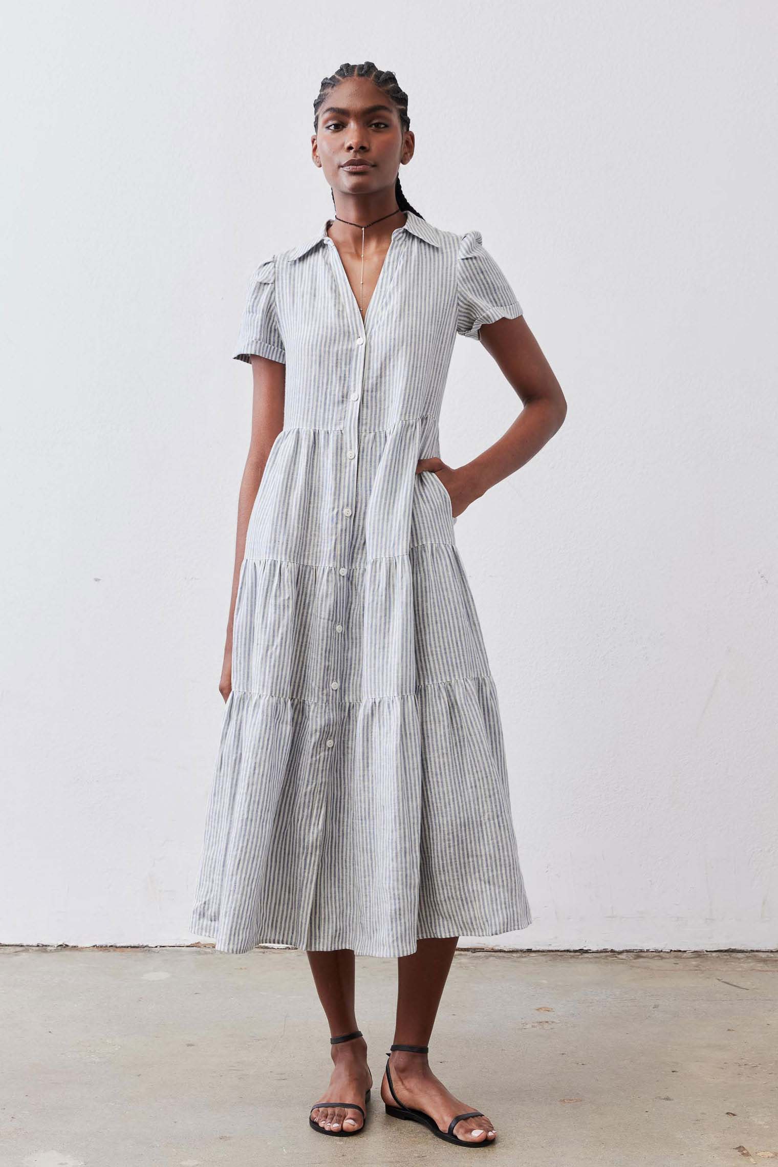short white linen dress Breaking Free Long Linen Dress White Blue Stripe / M