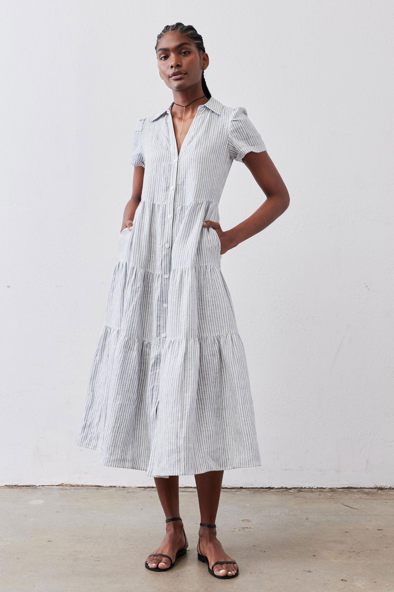 Breaking Free Long Linen Dress White Blue Stripe / M Breaking Free Long Linen Dress White Blue Stripe / M