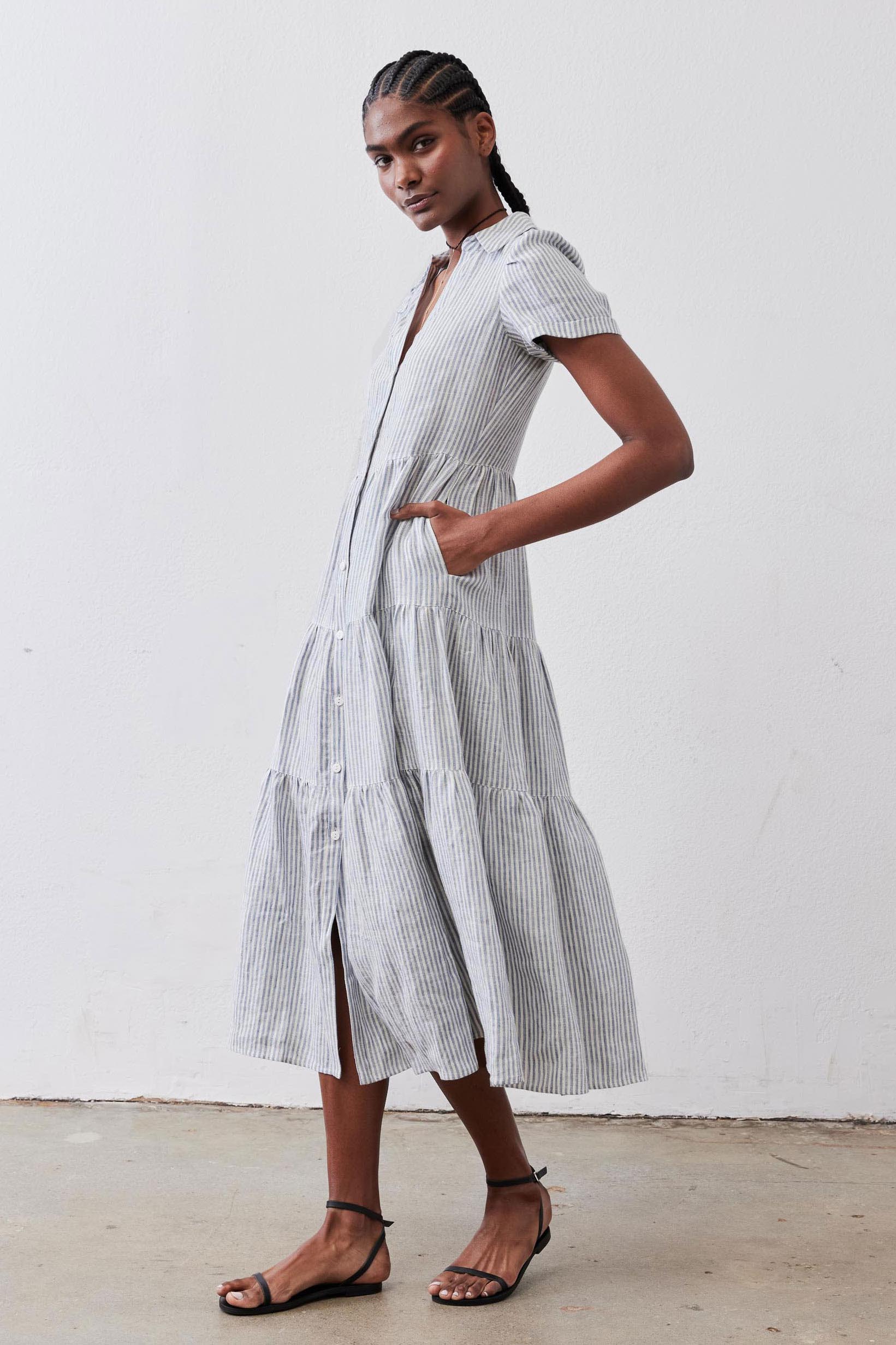 Breaking Free Long Linen Dress White Blue Stripe / M