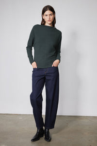 Brushed rib dolman top in dark green, long sleeves and crew neck