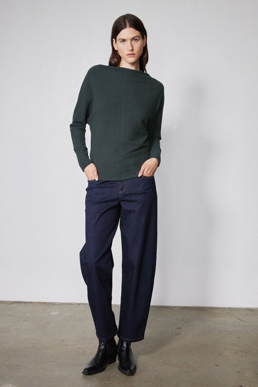Brushed rib dolman top in dark green, long sleeves and crew neck