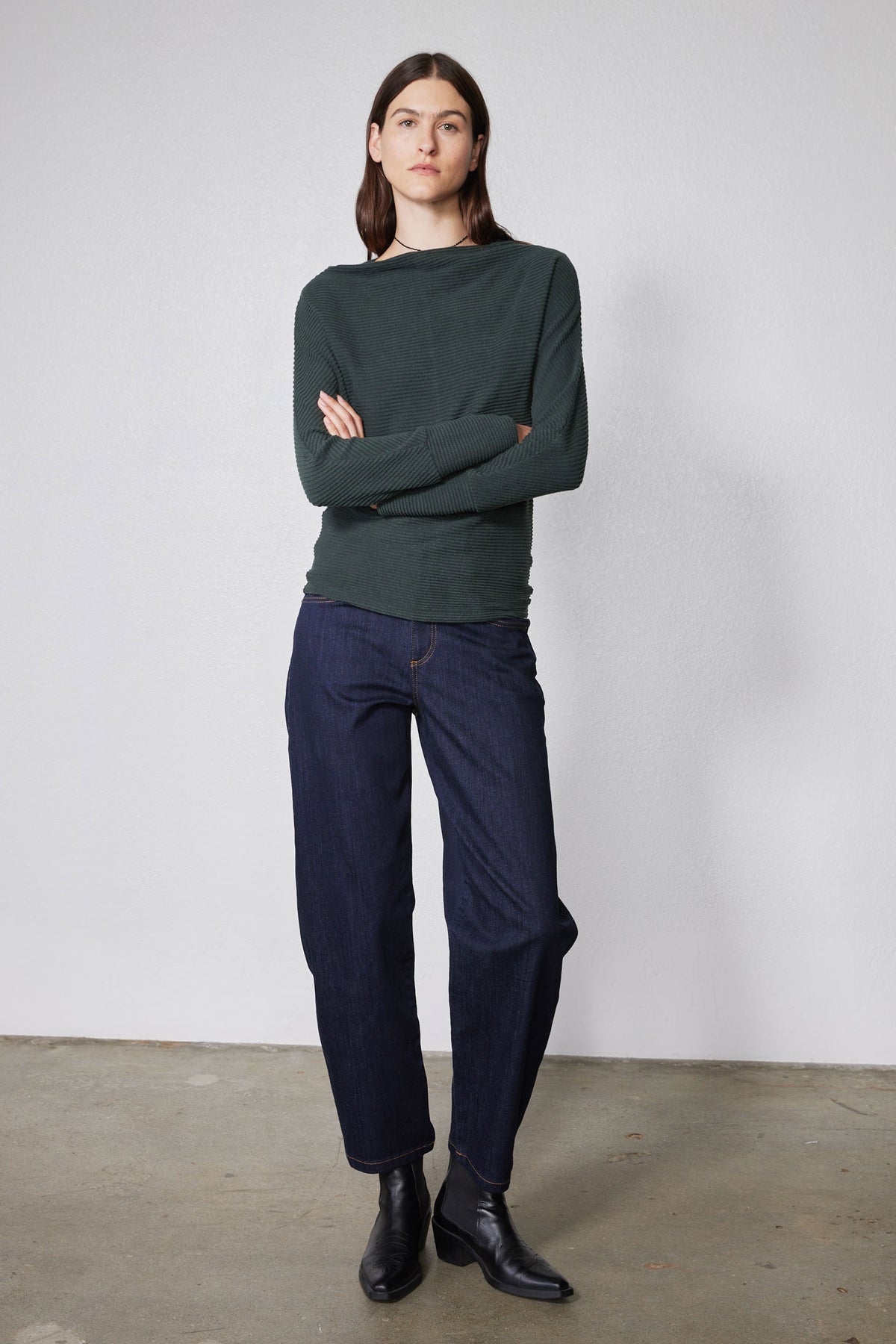 Brushed rib dolman top in dark green with wide dolman sleeves and crew neck