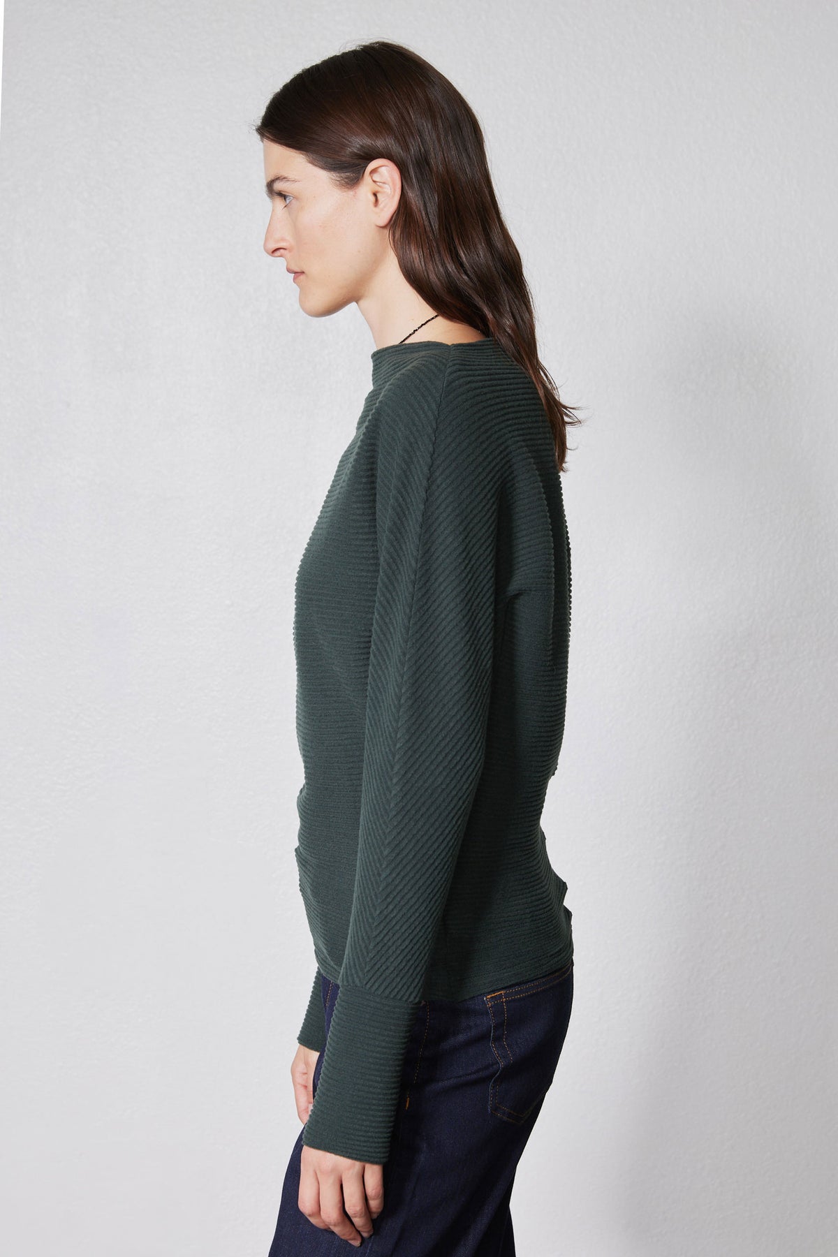 Brushed rib dolman top in dark green, ribbed knit long sleeves