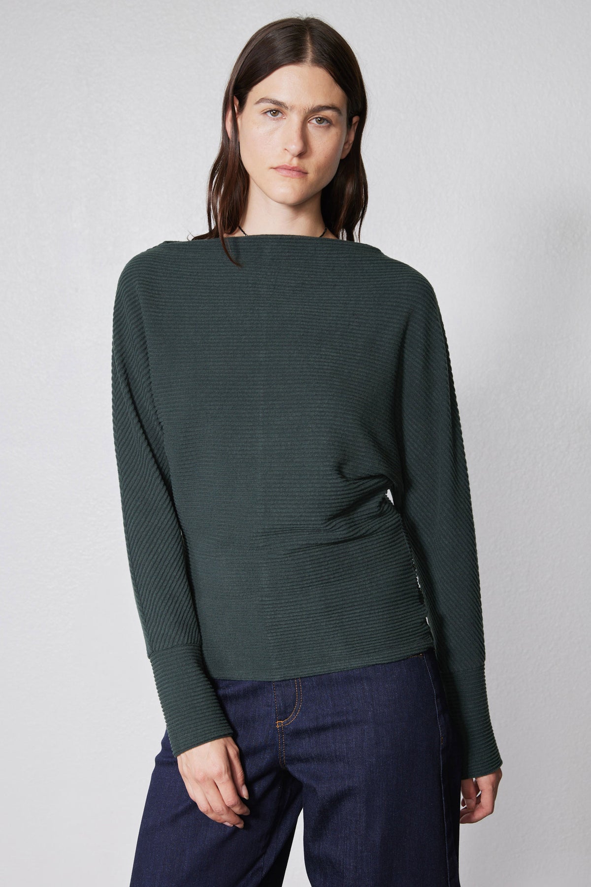 Brushed rib dolman top in dark green, crew neck and ribbed knit