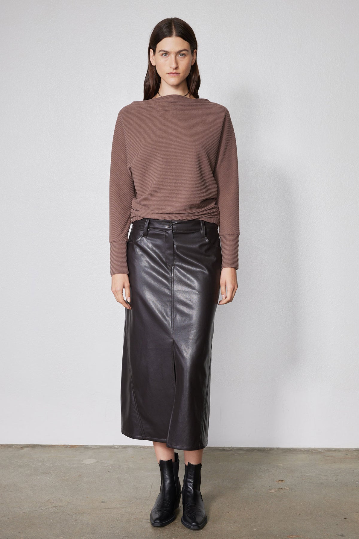 Medium taupe brushed rib dolman top with mock neck and long sleeves