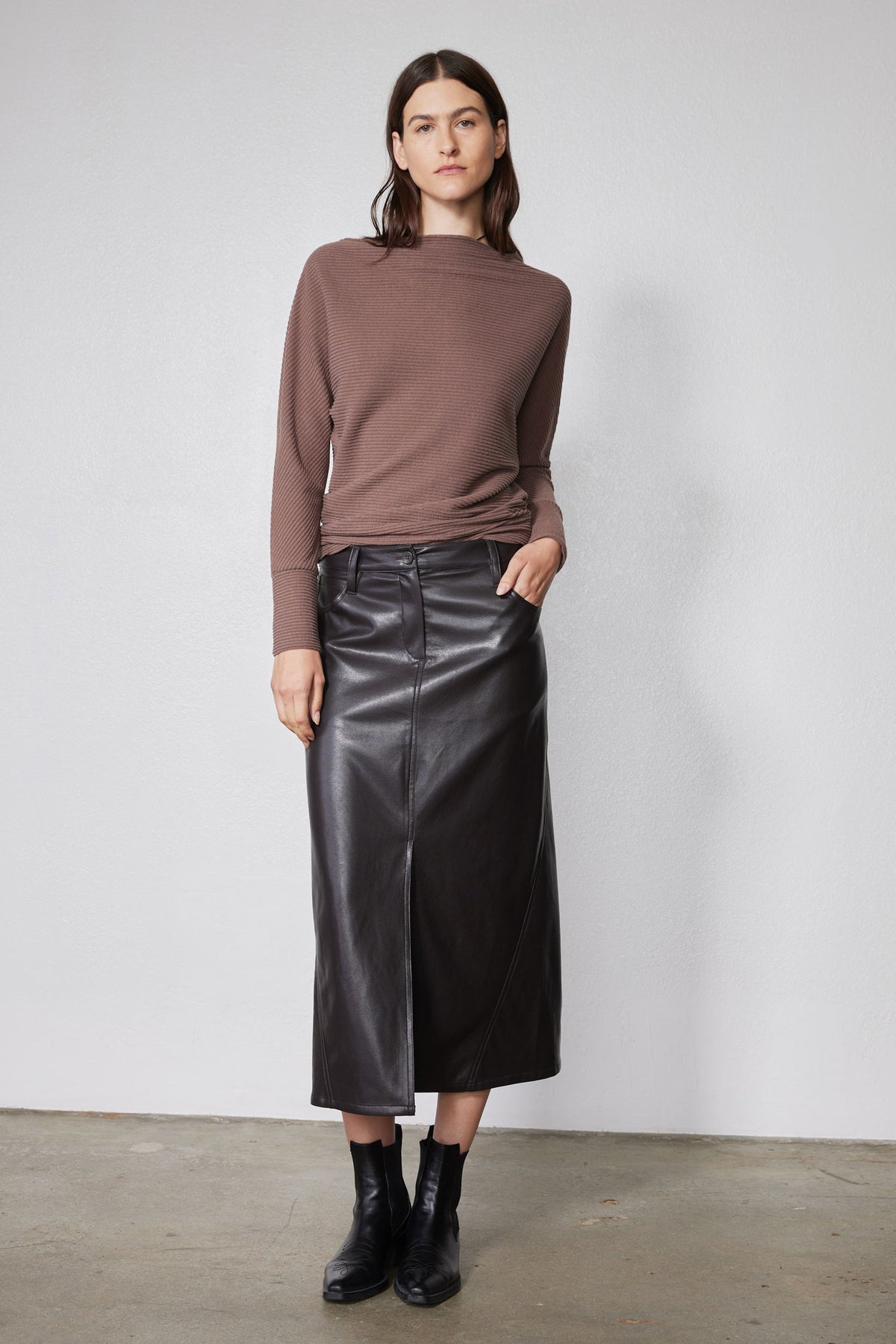 Medium taupe brushed rib dolman top with mock neck and relaxed draped fit