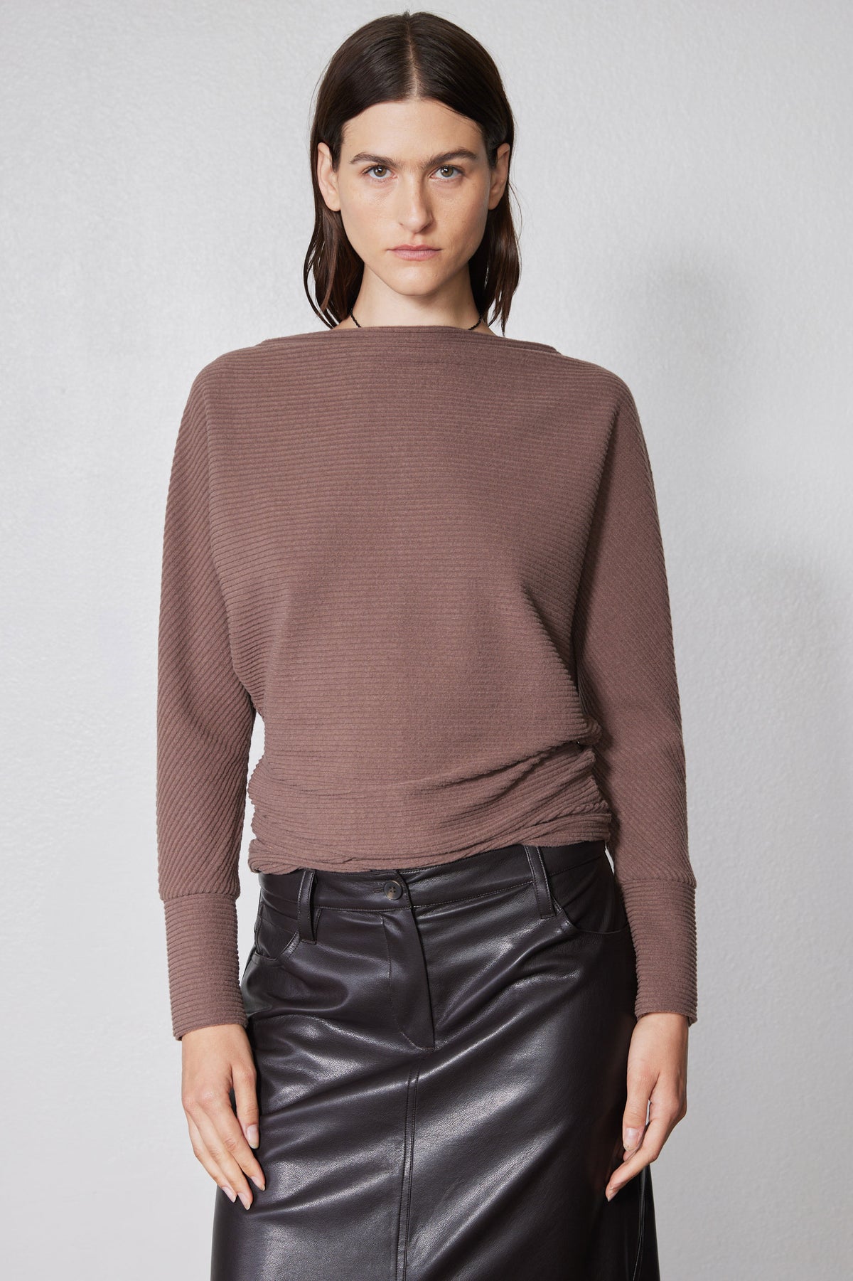 Medium taupe brushed rib dolman top, back view with long sleeves and mock neck