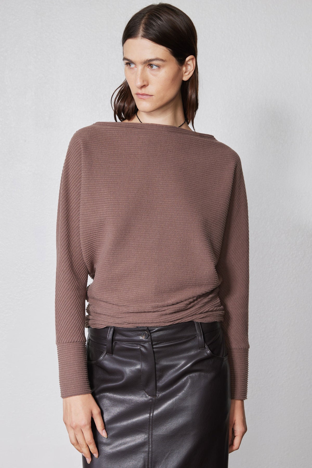 Medium taupe brushed rib dolman top, back view with mock neck and ribbed texture