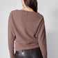 Medium taupe brushed rib dolman top, back view with center seam and long sleeves