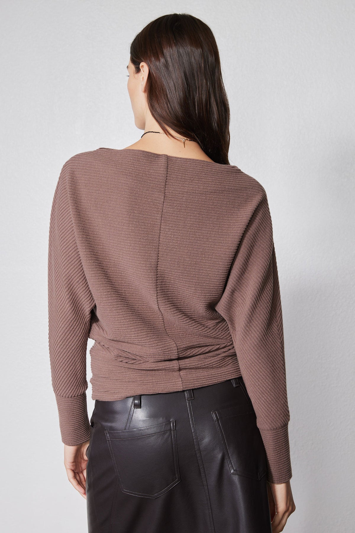 Medium taupe brushed rib dolman top, back view with center seam and long sleeves