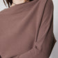 Medium taupe brushed rib dolman top close-up of shoulder and long sleeve