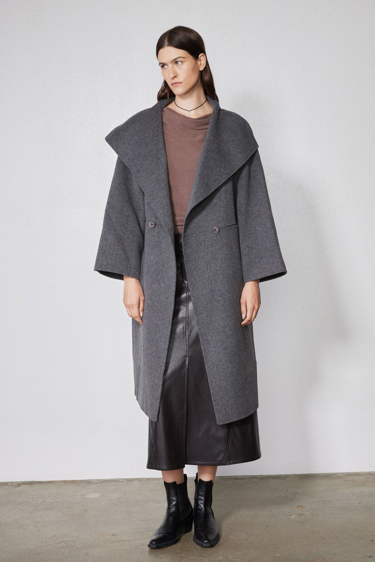 Medium taupe brushed rib dolman top worn under a dark gray open coat