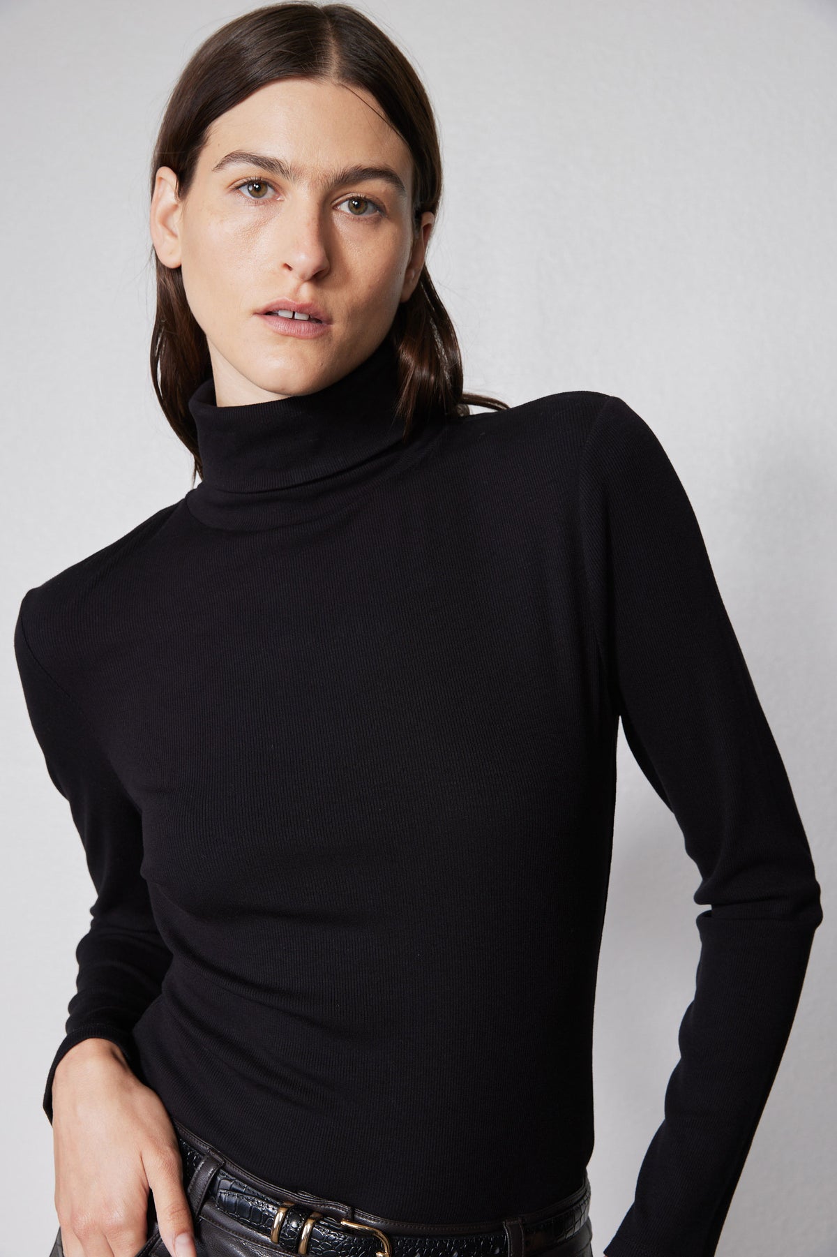 Black brushed ribbed turtleneck with high collar, long sleeves, side profile
