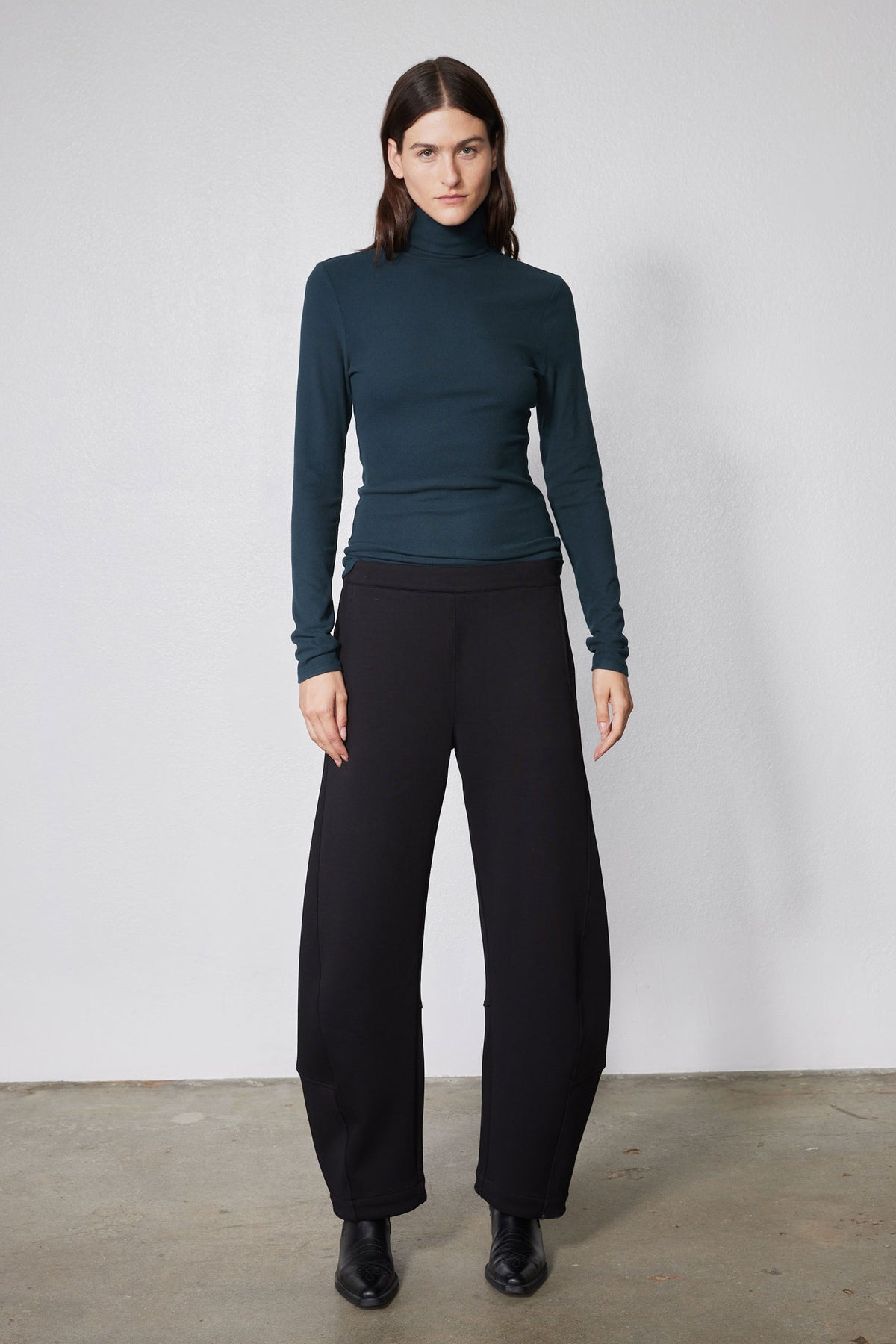 Forest green ribbed turtleneck long-sleeve top, brushed fabric, fitted waist
