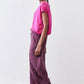 Deep purple wide-leg pants with draped leg and elastic waistband
